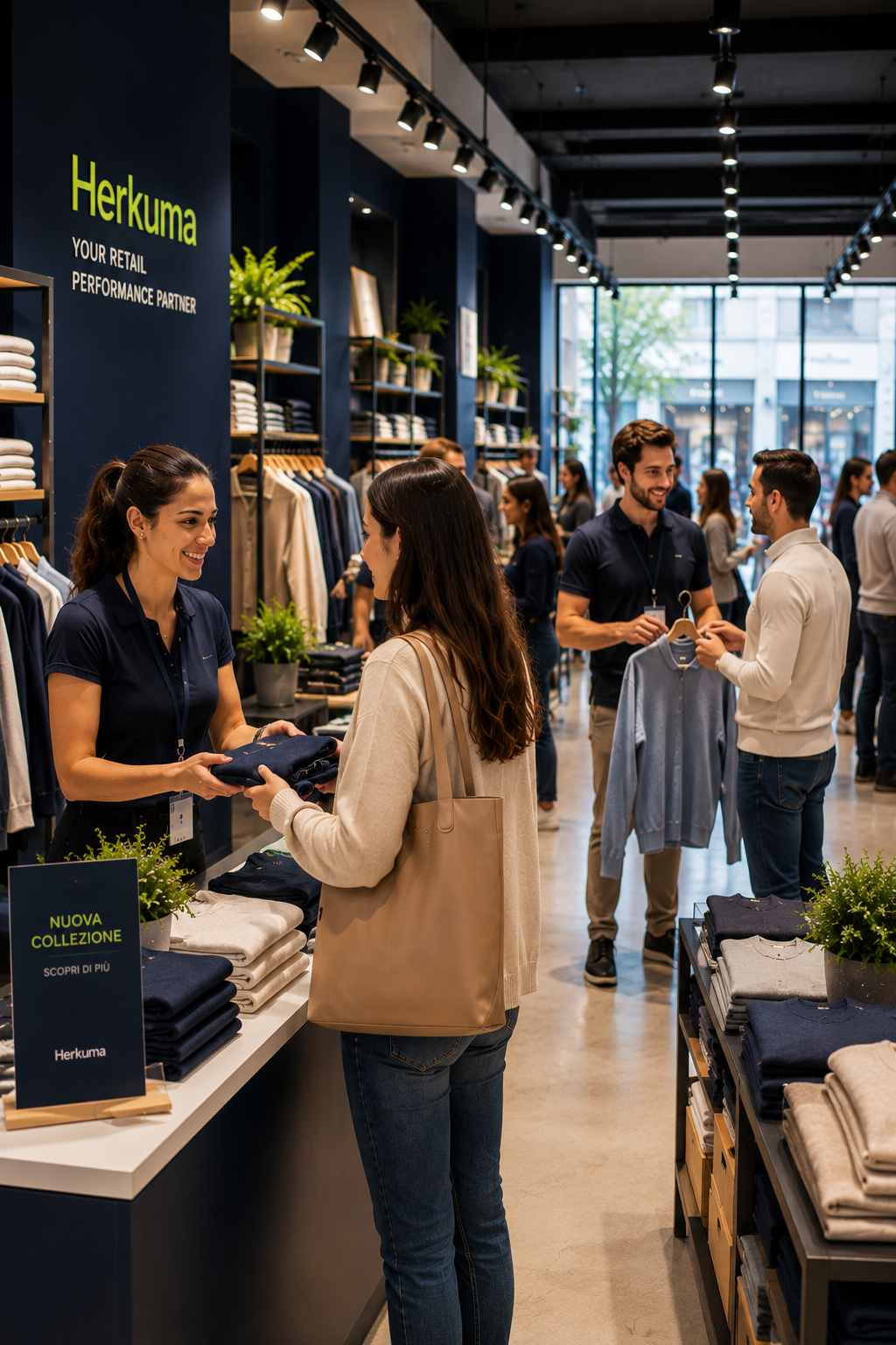 Interno negozio Herkuma: store associate assiste una cliente, team al lavoro tra rack e denim